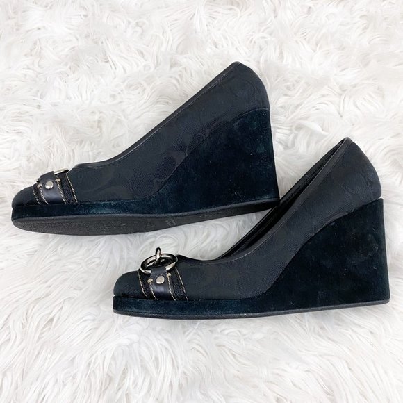 Coach Issy Black Logo Wedge Buckle Heels size 8 - Picture 3 of 6